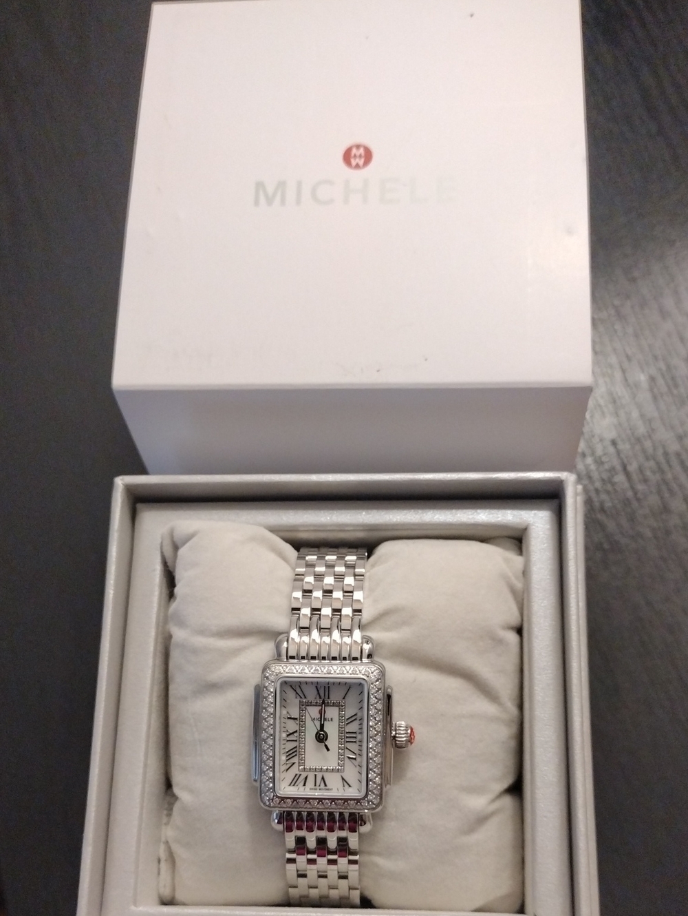 Michele Silver-Tone Diamond Accent Rectangular Bracelet Watch